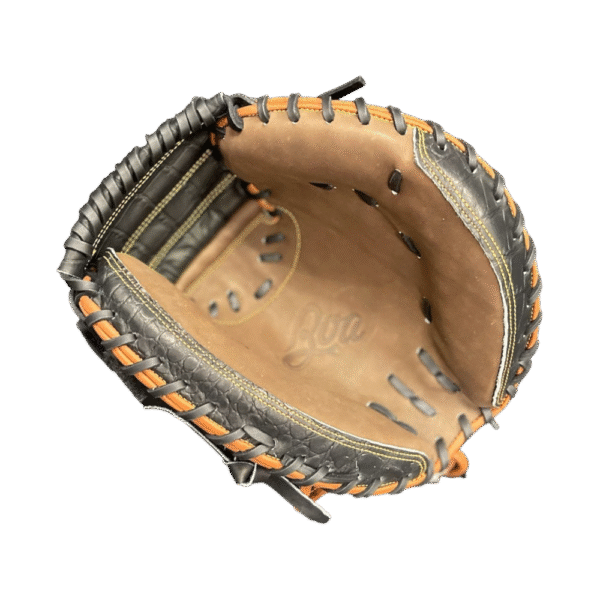 33 inch catcher mitt right hand throw black gator brown kip orange stitching and logo (1)