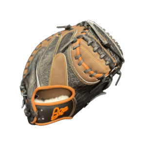33-inch Croc Grip catcher mitt for right-hand throwers, featuring black gator leather, brown kip, and orange stitching, designed for elite performance and durability.