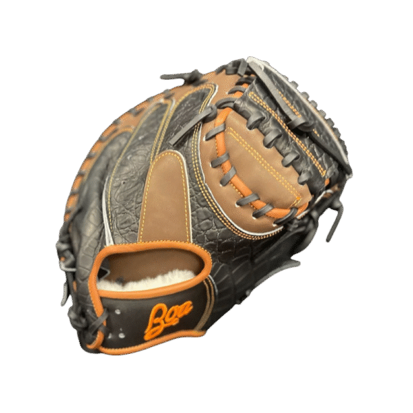 33 inch catcher mitt right hand throw black gator brown kip orange stitching and logo (2)