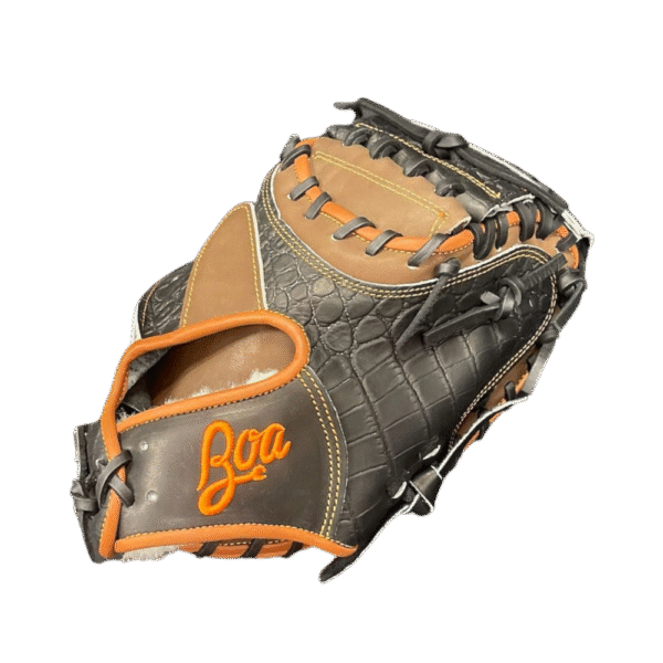 33 inch catcher mitt right hand throw black gator brown kip orange stitching and logo