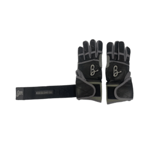 Long cuff batting gloves by Boa Custom in black and grey, featuring extended wrist support and enhanced grip, designed for adult players.