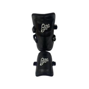Universal Leg Guard in black, featuring Boa logo, designed for adult athletes, showcasing adjustable straps for comfort and flexibility.