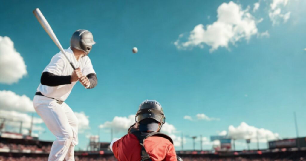 Baseball player in batting stance preparing to hit a pitch, catcher in gear behind home plate, sunny stadium setting, emphasizing batting technique and power.