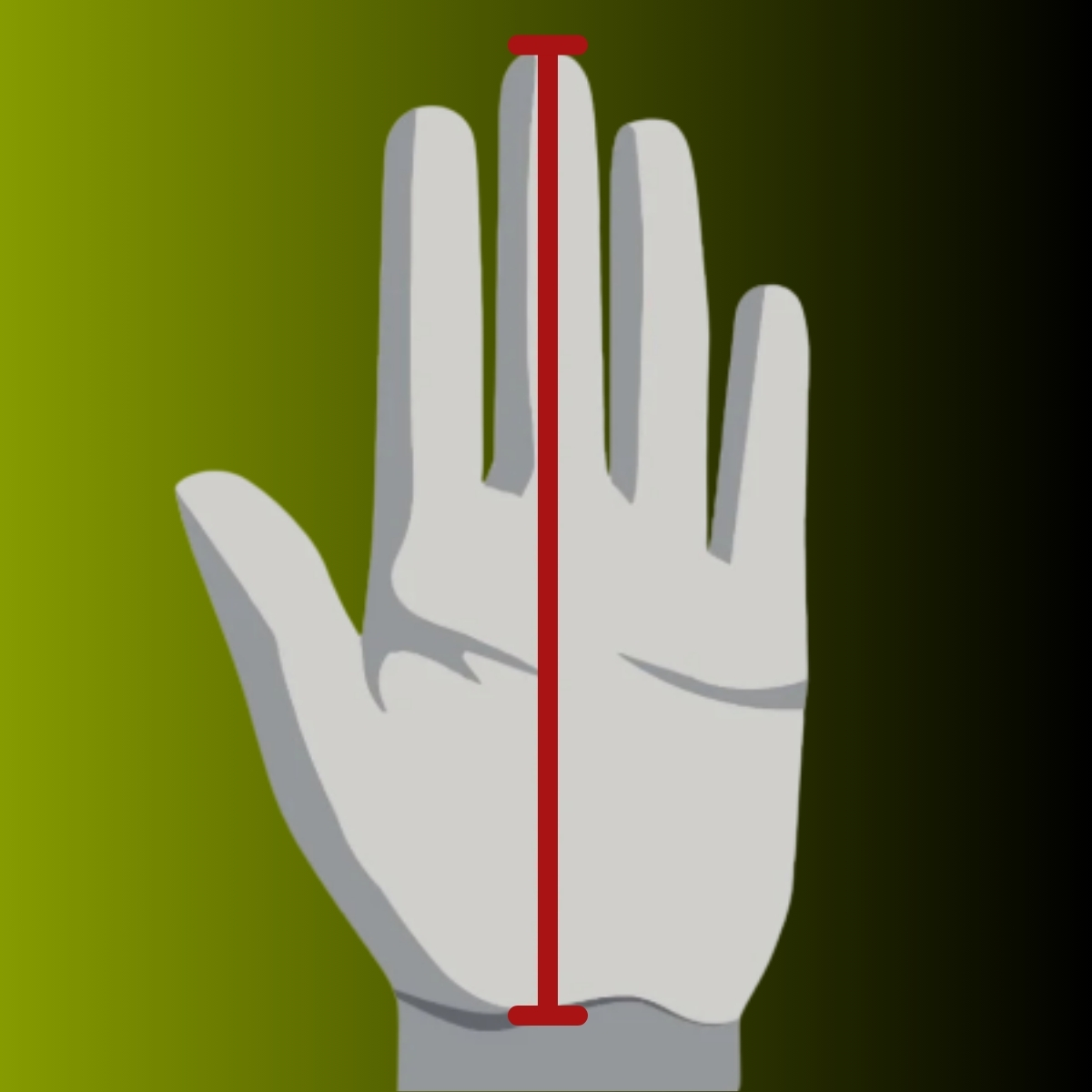 Illustration of a hand measuring guide with a red line indicating the measurement from the base of the palm to the tip of the middle finger, relevant for selecting BOA batting glove sizes.