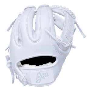 Boa-Pro Double Inlay baseball glove in white leather, featuring a signature Boa logo and an open pocket design, ideal for customization and performance in baseball.