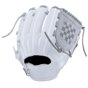 Customizable white baseball glove with checkerboard pattern and Boa logo, featured on BOA CUSTOM's custom baseball gloves page.