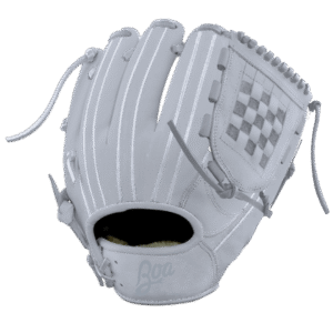 Boa-Pro Double Welt baseball glove featuring a sleek white design, checkerboard pattern on the side, and customizable elements, ideal for baseball enthusiasts.