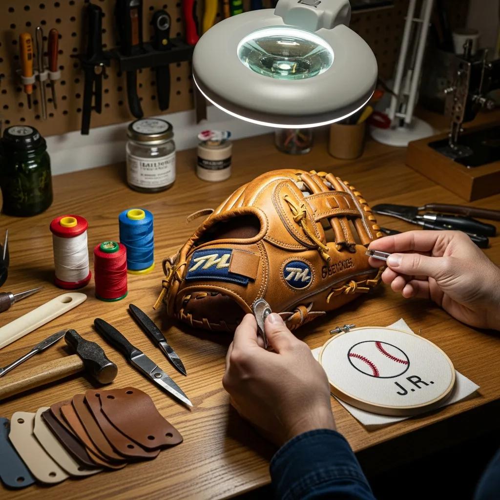 Baseball glove customization process with tools and materials in a workshop