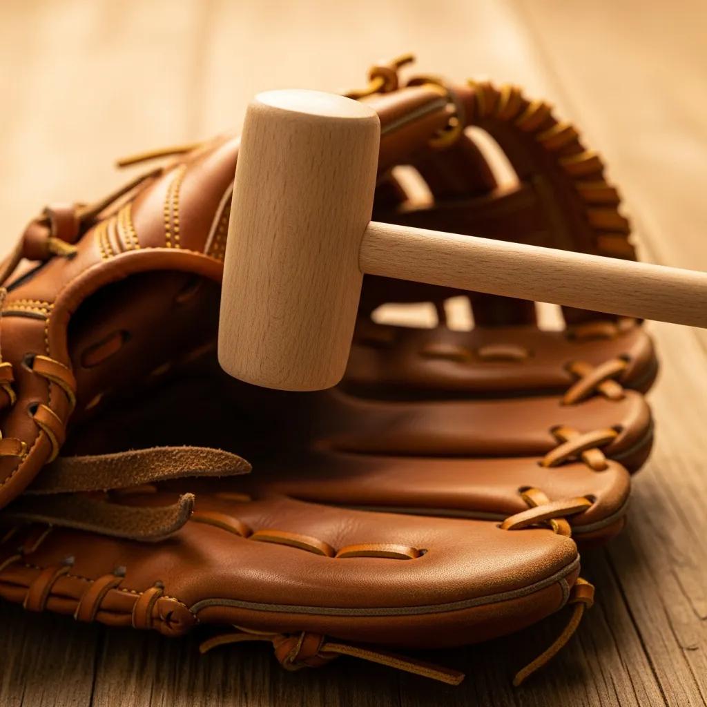 Close-up of a leather baseball glove being softened with a mallet, demonstrating break-in techniques