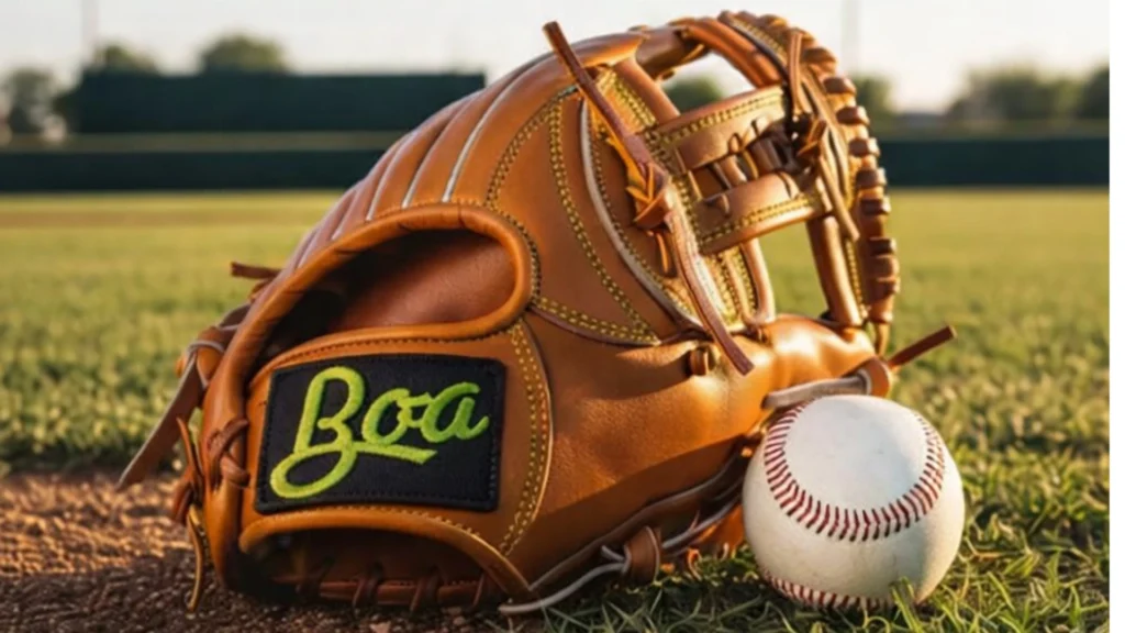 Custom baseball glove on a field, highlighting its craftsmanship and leather texture