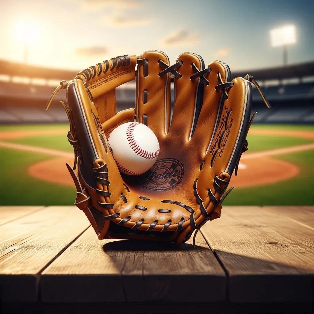 Custom baseball glove on a table with a blurred baseball field background