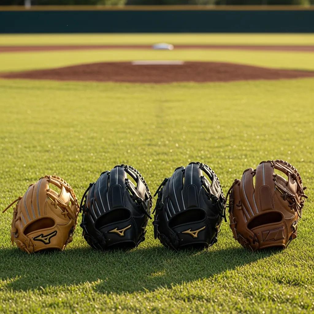 Different sizes of baseball gloves for various positions on a grass field