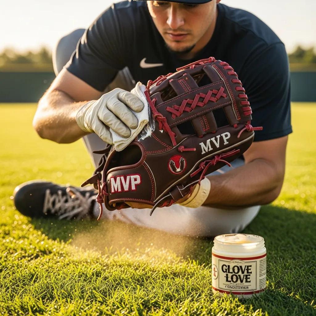 Player applying conditioner to a custom baseball glove, illustrating glove care techniques