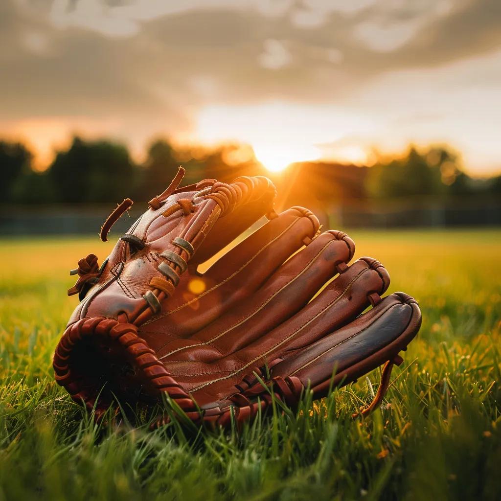 generate a classic brown baseball glove placed on a grassy field with lighting of a sunset