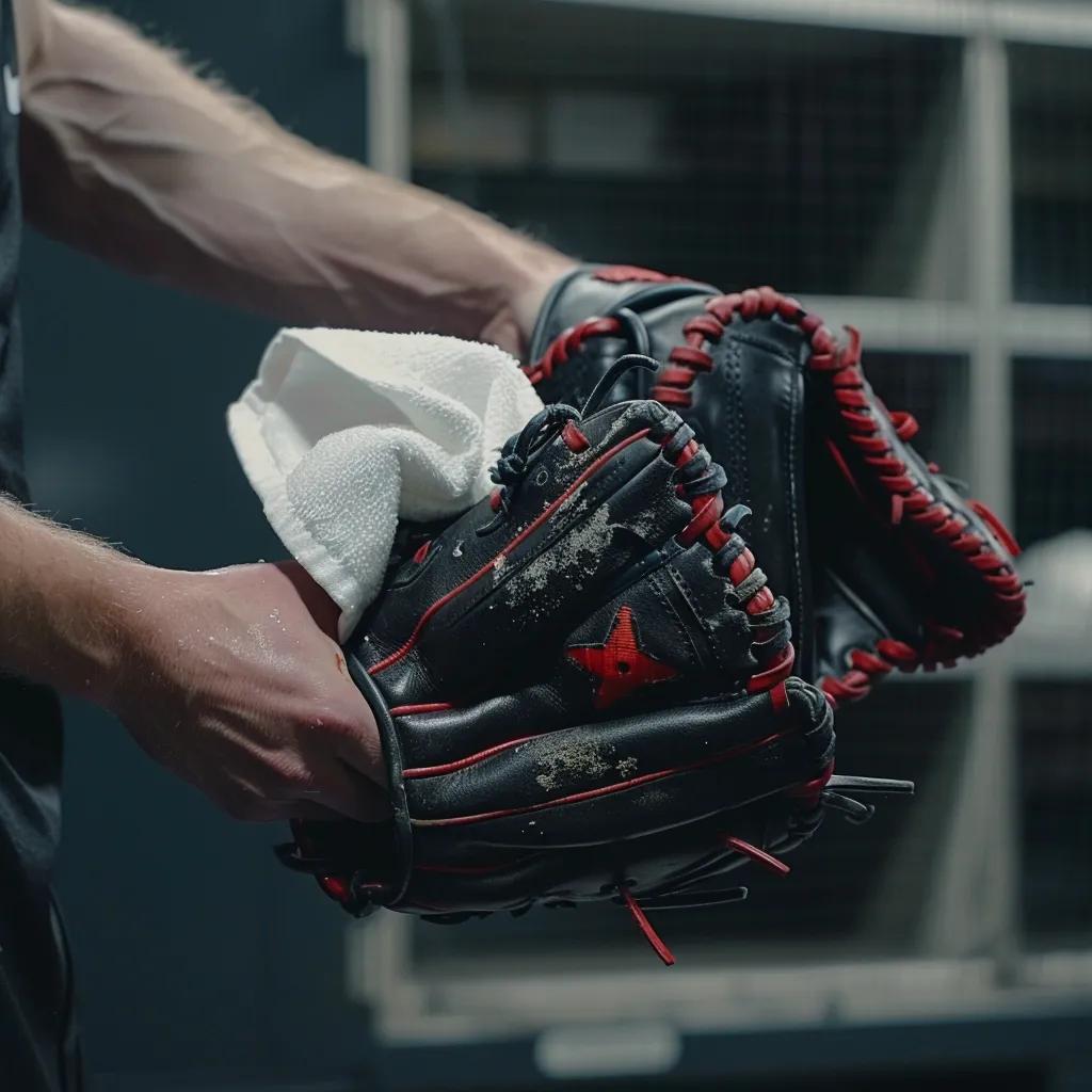 generate a black and red baseball glove being cleaned with a towel by a man in a baseball uniform in a locker room. have the camera focused on the cleaning of the glove