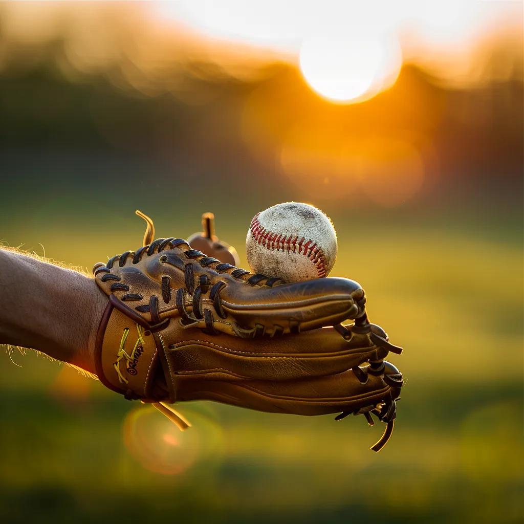 someone catching a baseball with a baseball glove in an open field with sunset lighting