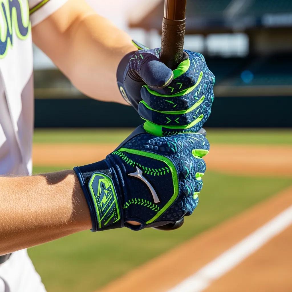 Close-up of custom batting gloves gripping a baseball bat, highlighting grip technology and performance