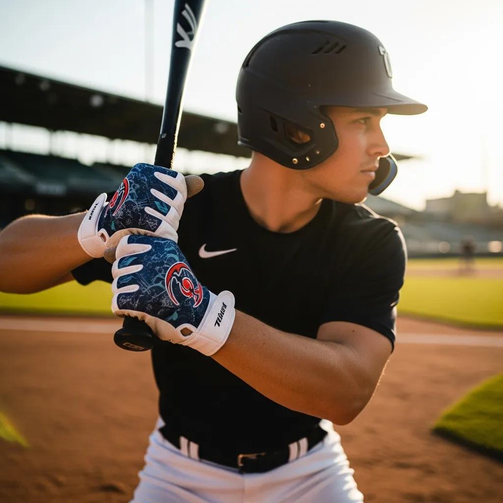 Custom baseball batting gloves on a player holding a bat, showcasing performance and style