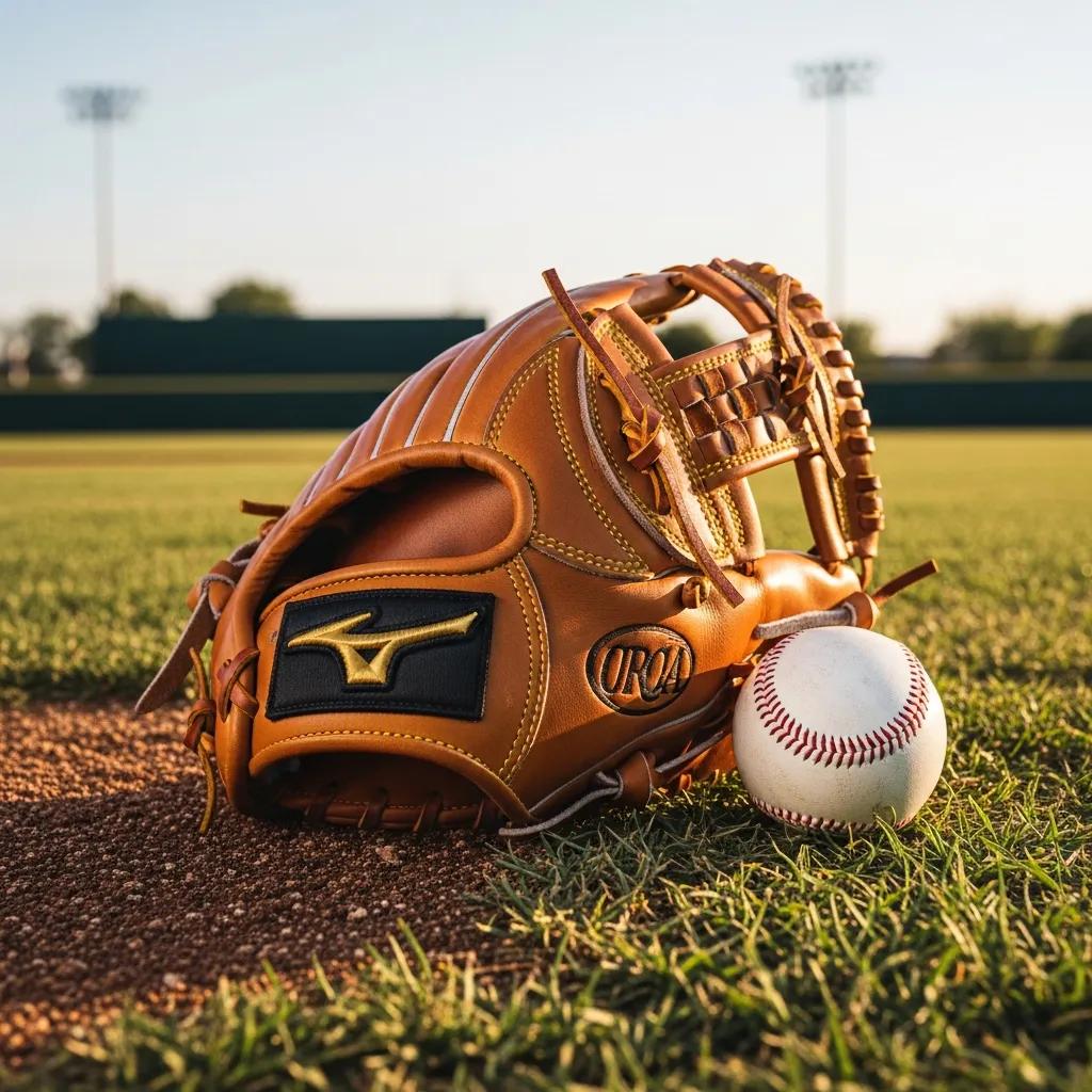 Custom baseball glove on a field, highlighting its craftsmanship and leather texture