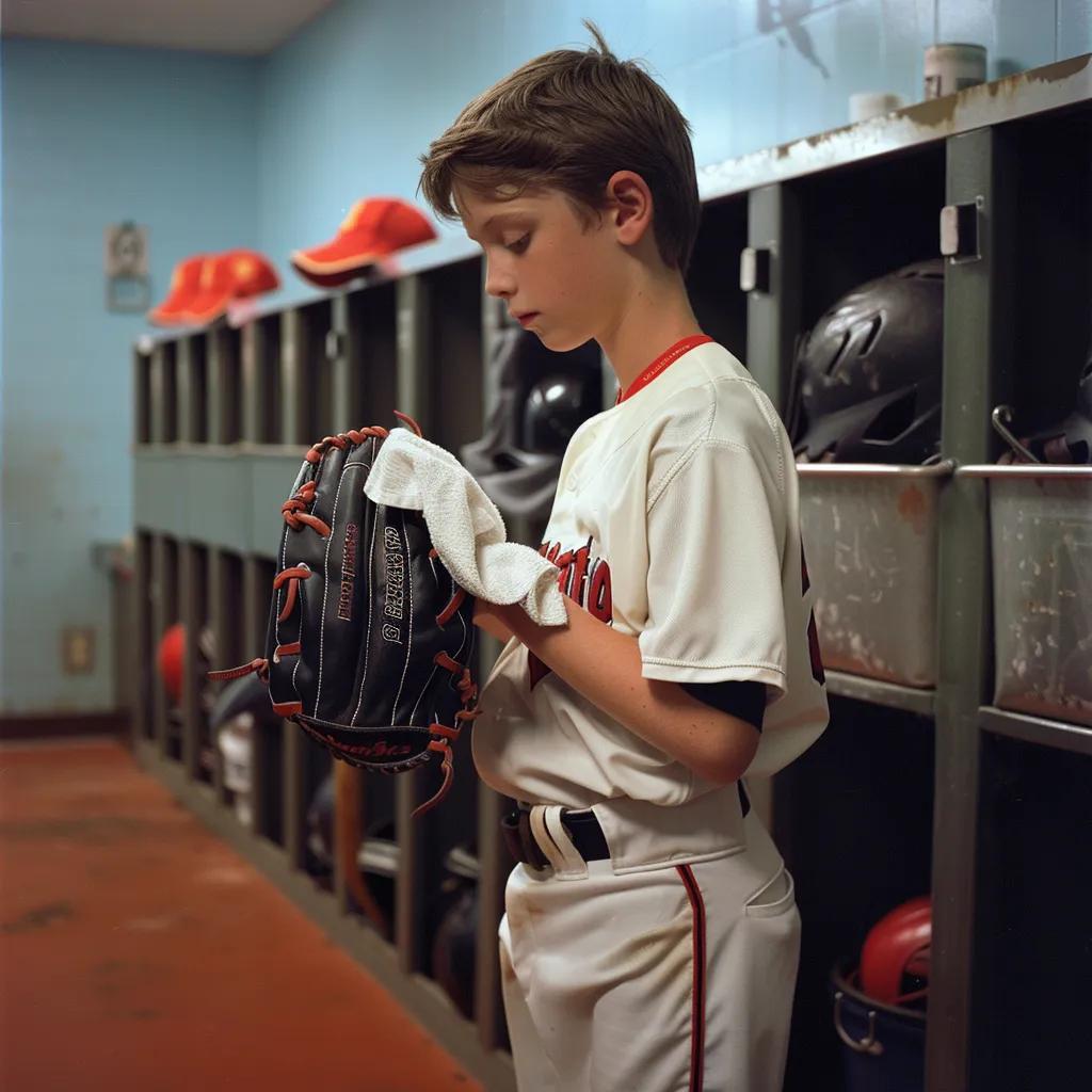 generate a black and red baseball glove being cleaned with a towel by a boy in a baseball uniform in a locker room