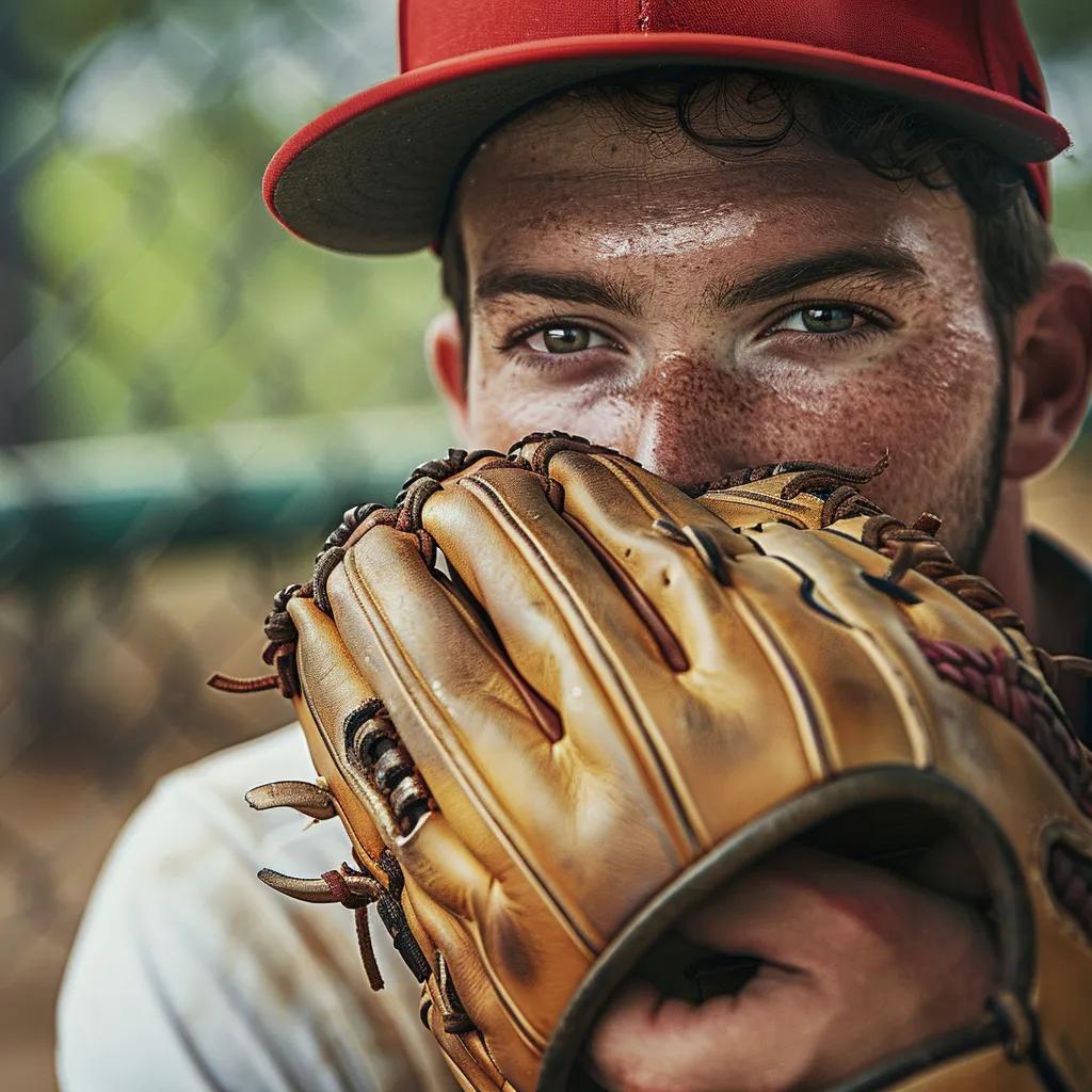 baseball player holding glove while deep in thought