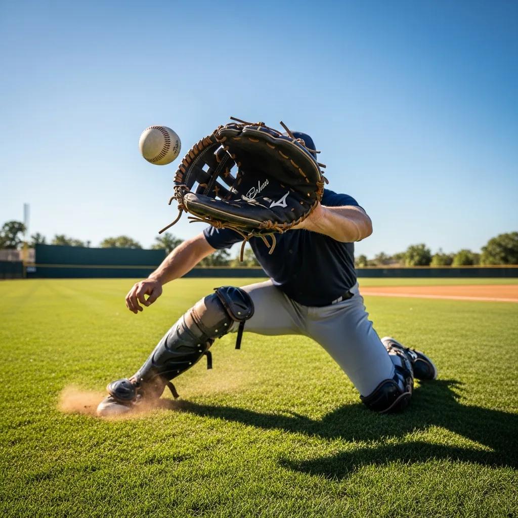 Baseball player catching a ball with a custom glove on a sunny field