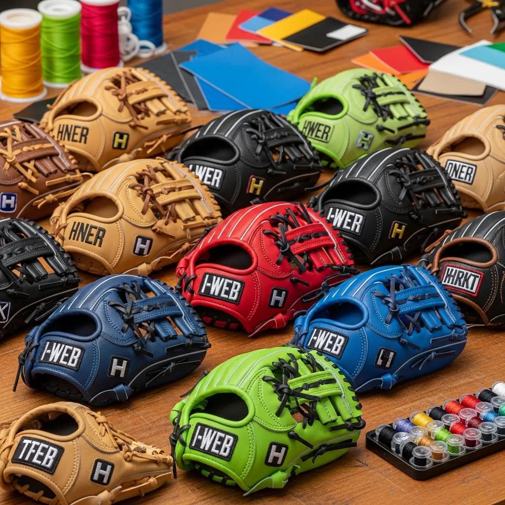 Variety of customization options for youth baseball gloves, including materials and colors