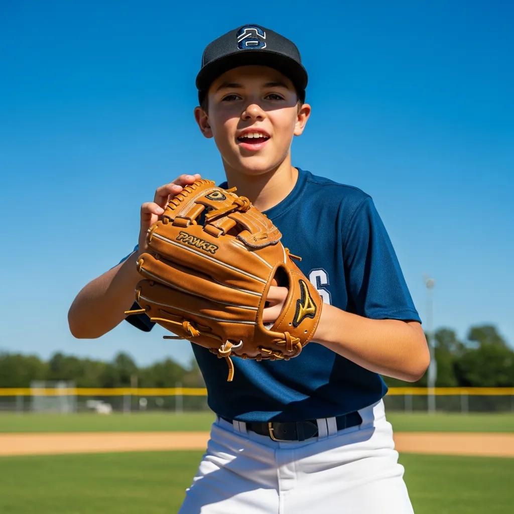 Youth baseball player with a custom glove on a field, enhancing performance and confidence